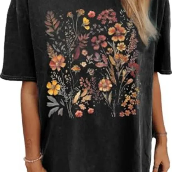 Oversized Graphic Tee Boho Floral Vintage Loose Fit Summer Casual T-Shirt - Picture 2 of 2
